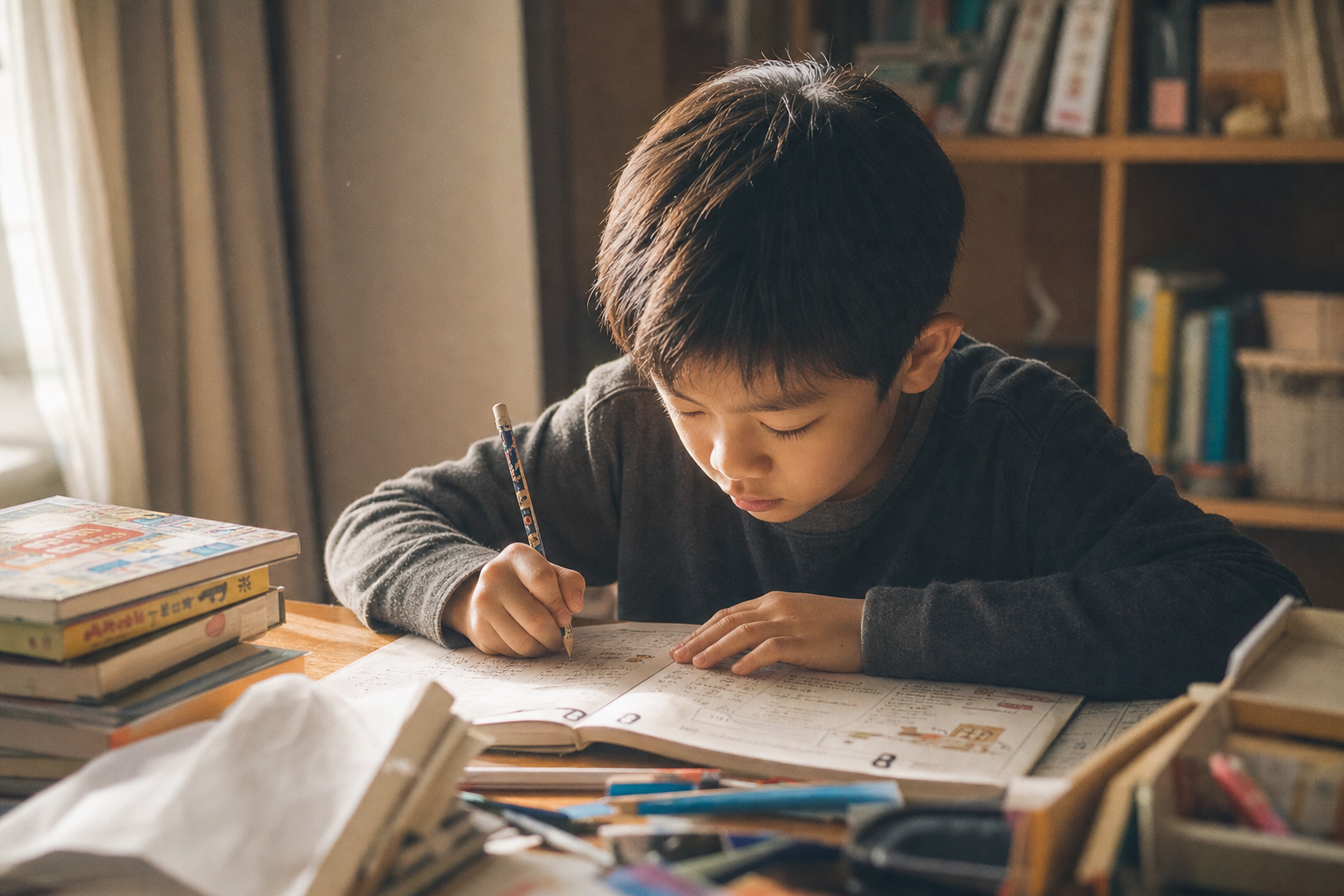 A child reading at home, concentrating on a book