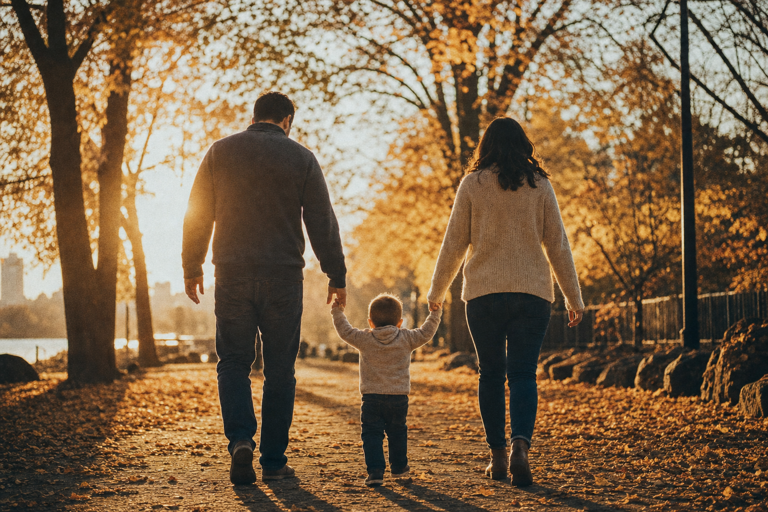 A family walking together at golden hour