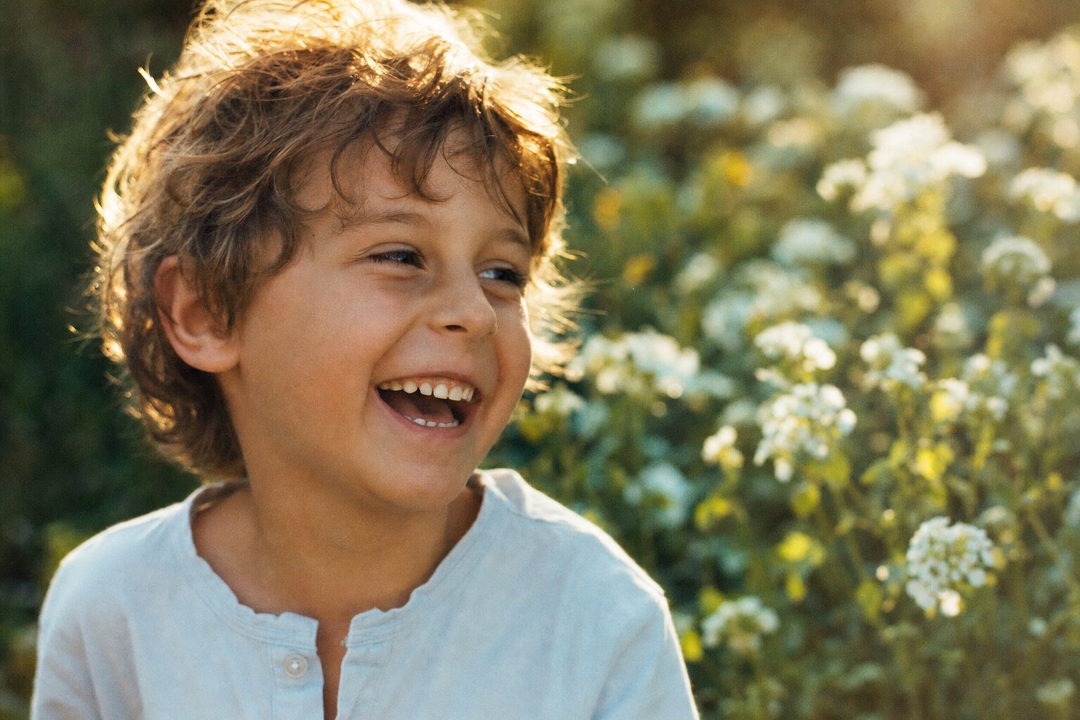 A child laughing in a sunlit garden
