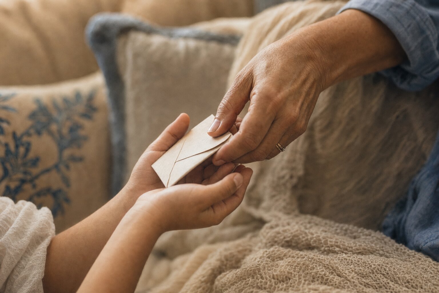 An adult hand passing a small folded envelope into a child's cupped hands