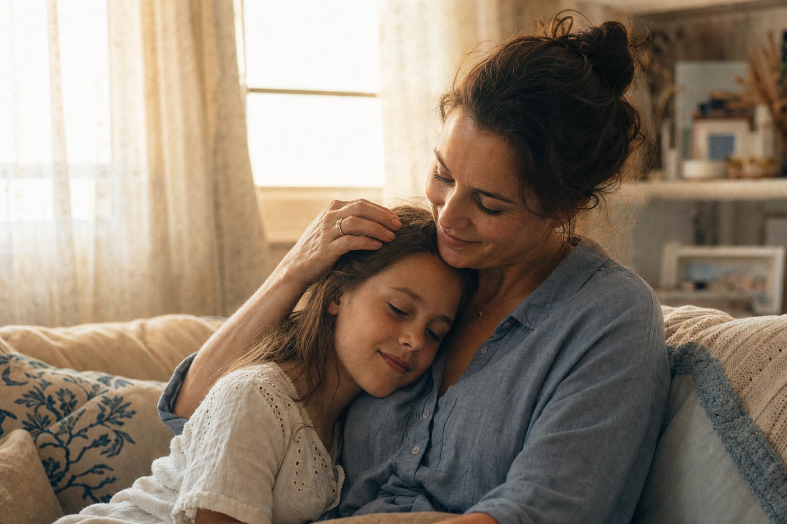 A parent and child sharing a quiet moment together at home