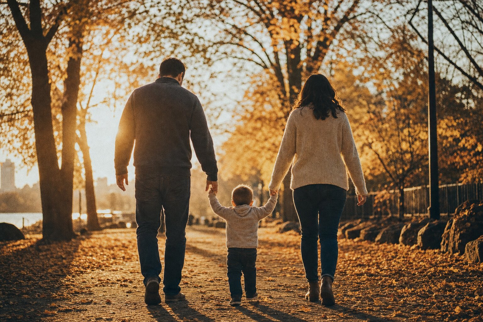 A family walking together on a tree-lined path at golden hour