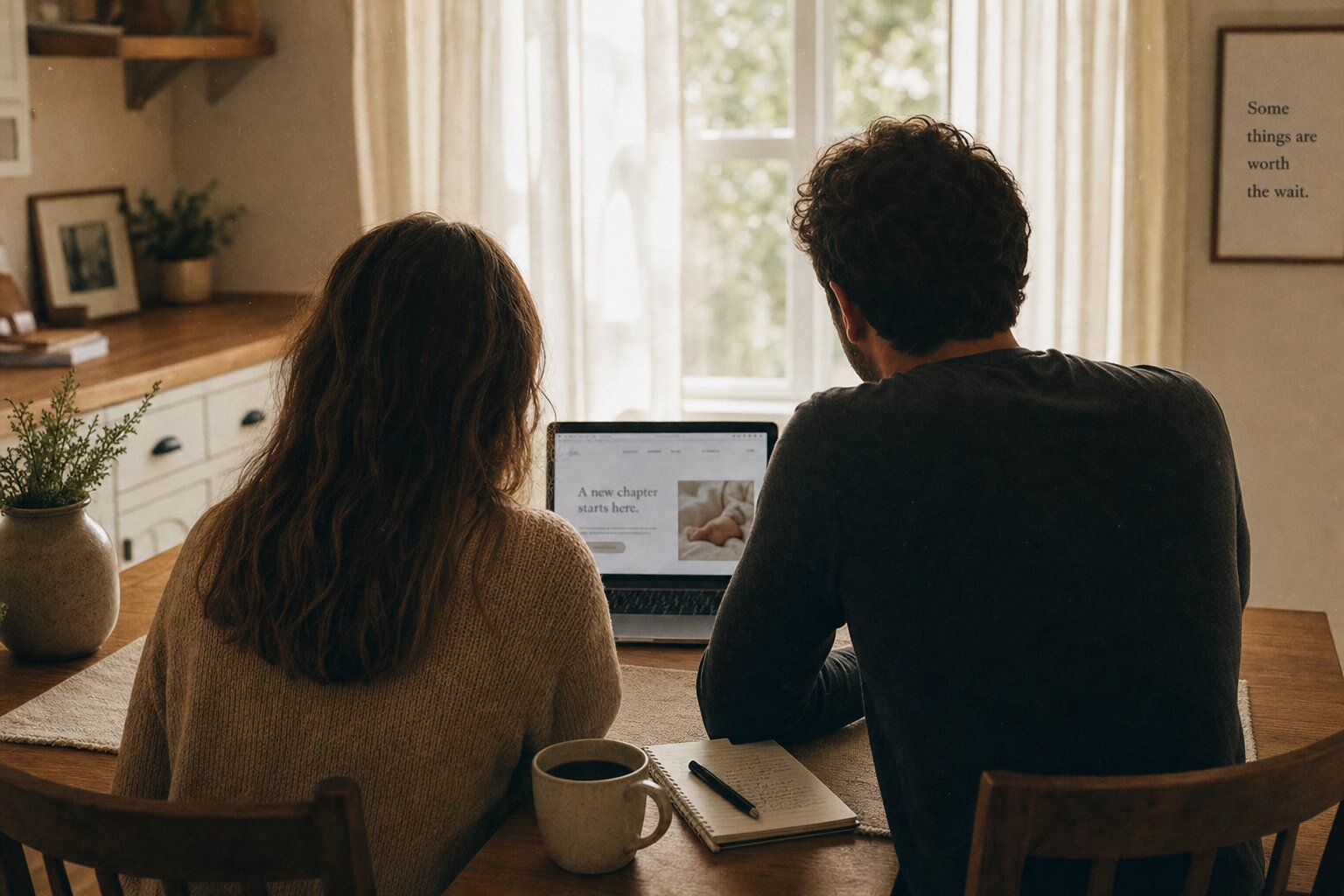 Two parents looking at a laptop together at a kitchen table