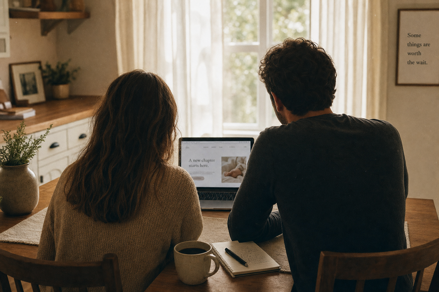 Two parents looking at a laptop together at a kitchen table